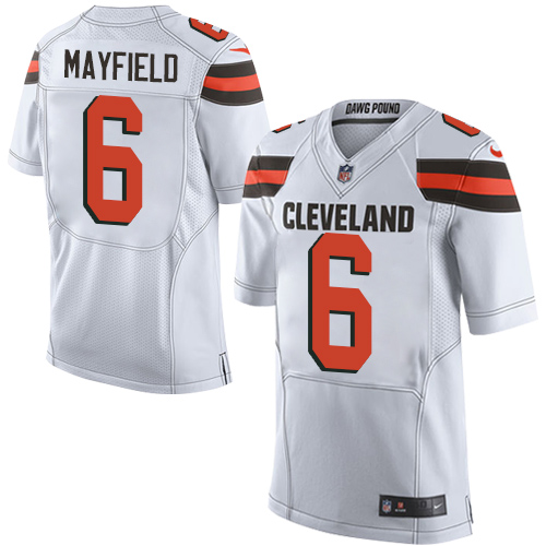 Nike Browns #6 Baker Mayfield White Men's Stitched NFL Elite Jersey - Click Image to Close
